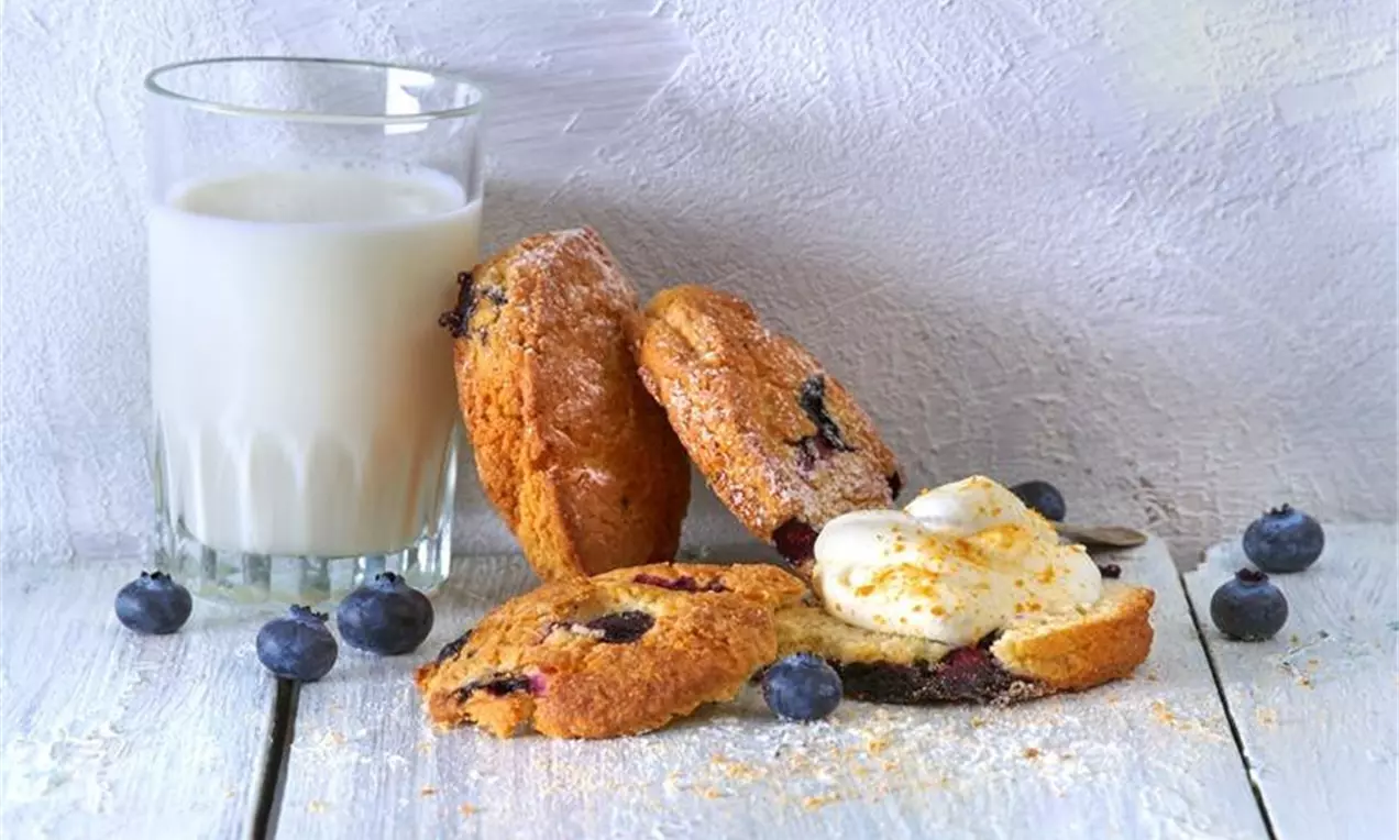 Blåbärsscones med gyllenbrun yta och kardemummakorn bredvid ett glas mjölk, toppade med gräddklick och blåbär på ett ljust träbord